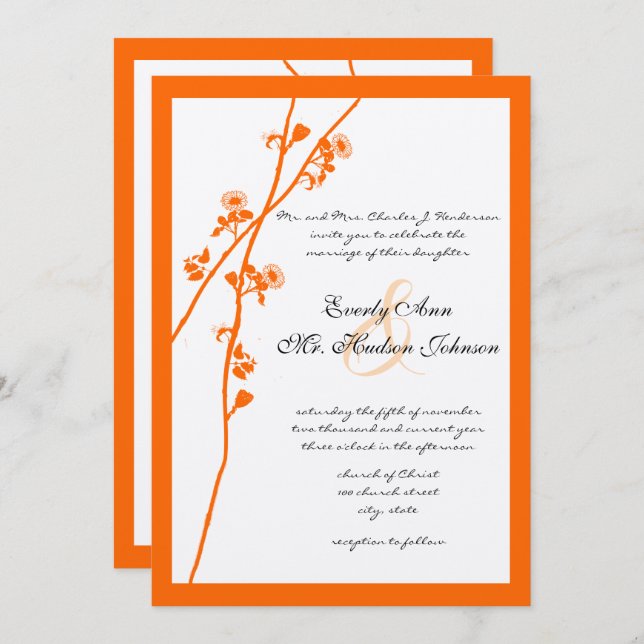 Bright Orange Wildflower Branch Wedding Invitation (Front/Back)