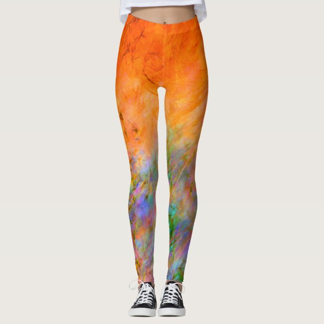 Bright Orange with Green, Blue and Purple Painted Leggings (Front)