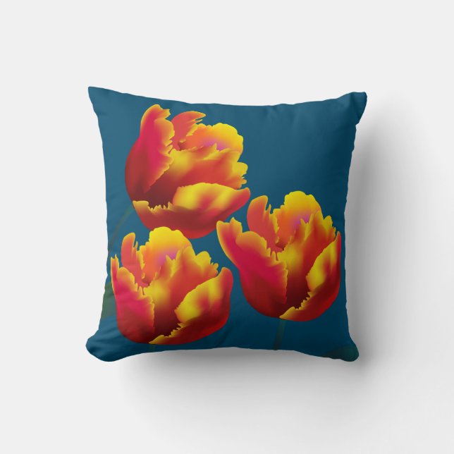 Bright Orange Yellow Parrot Tulips Cushion (Front)