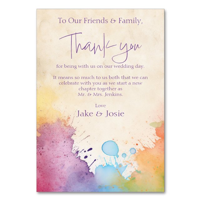 Bright paint splashes Wedding Table thank you card (Front)