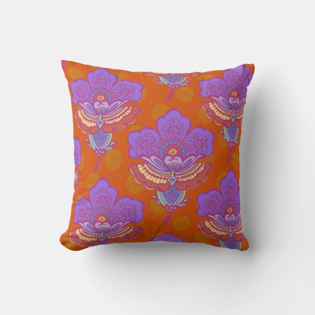 Bright Paisley Florets on Orange Cushion (Front)