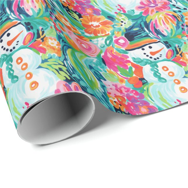 Bright Palm Beach Christmas Snowman Watercolor Wrapping Paper (Roll Corner)