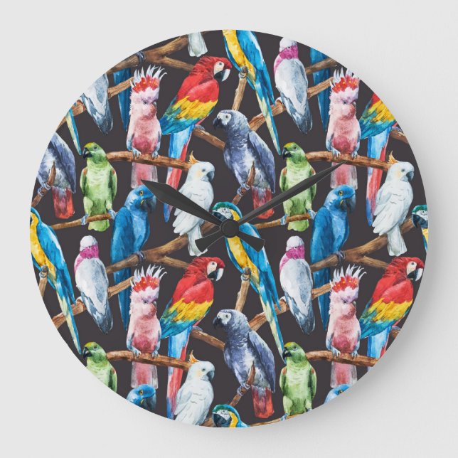 Bright parrot: tropical watercolor wallpaper. large clock (Front)