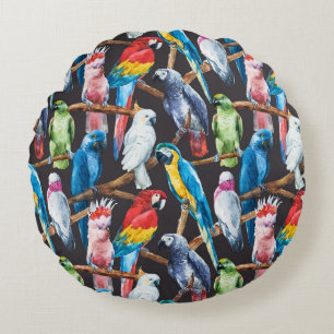 Bright parrot: tropical watercolor wallpaper. round cushion