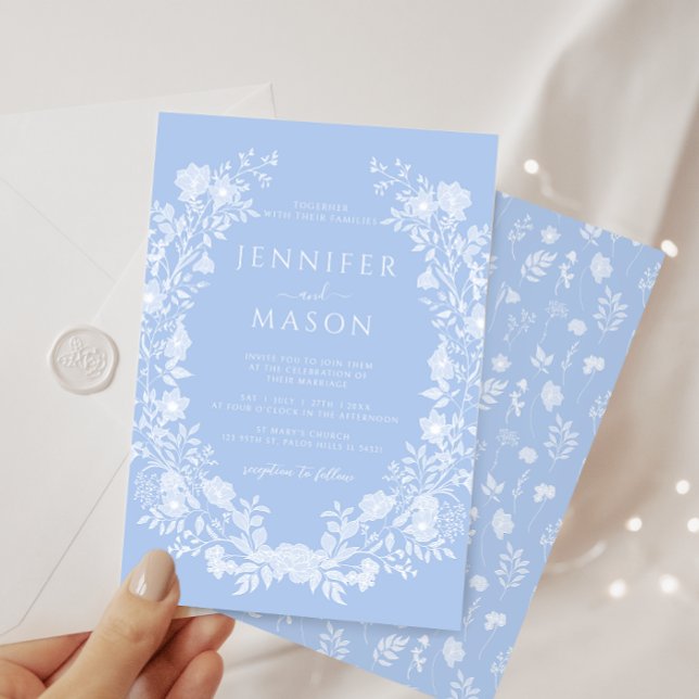 Bright pastel blue floral wreath classic wedding invitation (Creator Uploaded)
