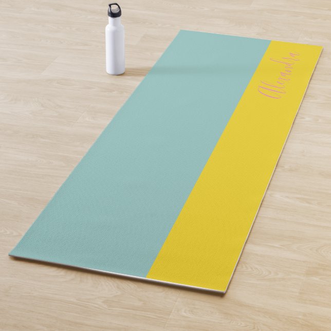 Bright Pastel Colour Block Aqua Yellow Personalise Yoga Mat (In Situ)