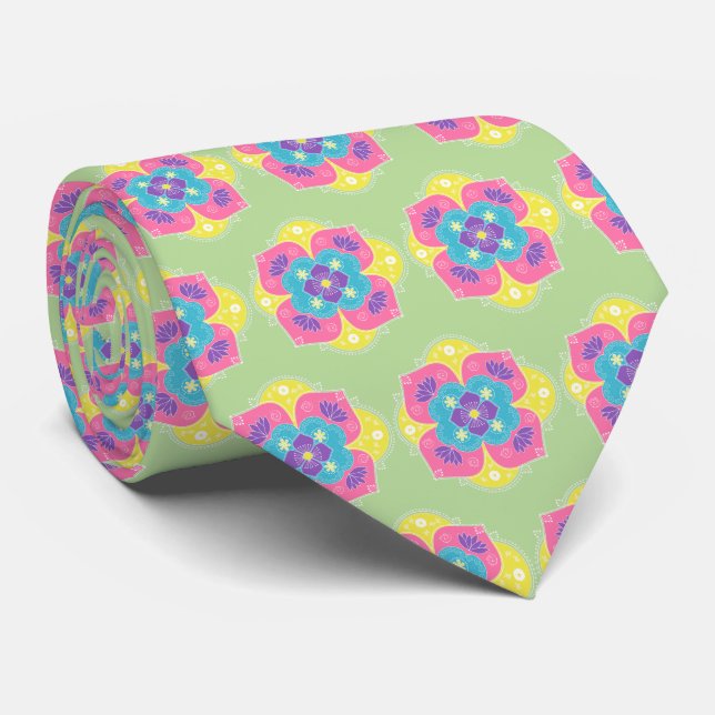 Bright Pastel Lotus Rangoli Tie (Rolled)