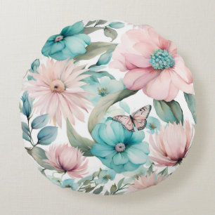 Bright Pastel Pink Blue Flowers Florals By Ava Round Cushion