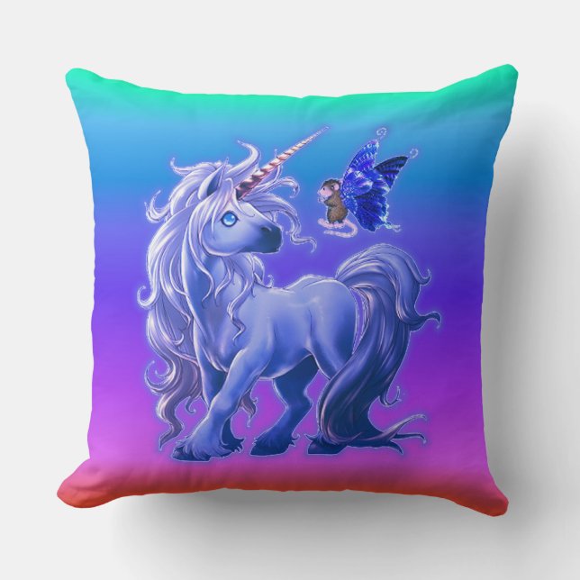 Bright Pastel Rainbow Blue Unicorn Cushion (Front)