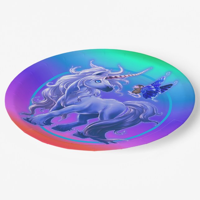 Bright Pastel Rainbow Blue Unicorn Paper Plate (Angled)