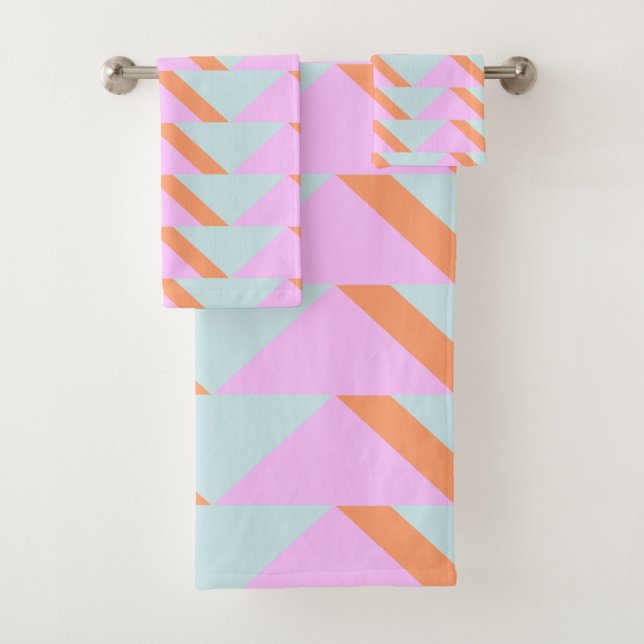 Bright Pastel Retro Geometric Pattern Pink Aqua Bath Towel Set (Insitu)
