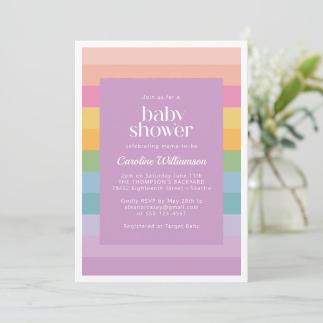 Bright Pastel Stripe Rainbow Purple Baby Shower Invitation (Standing Front)