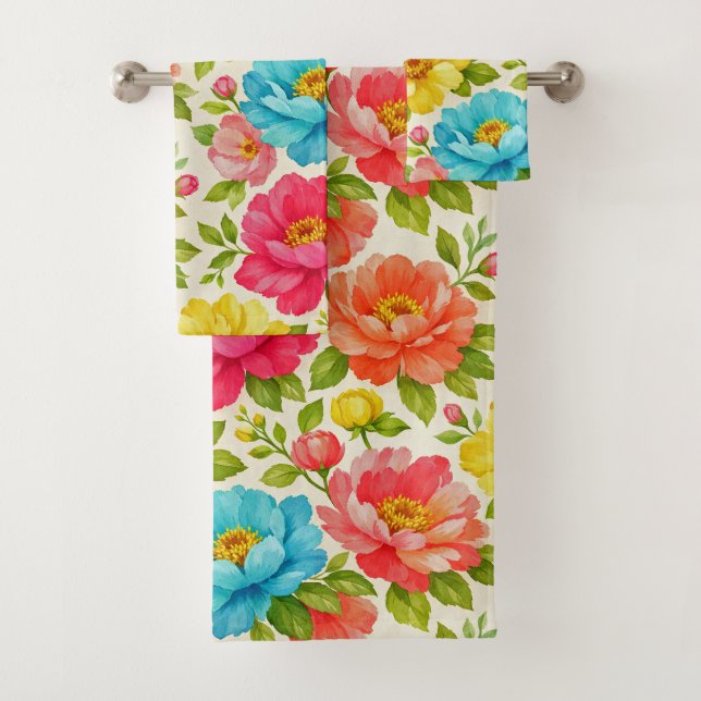 Bright Pastel Watercolor Peony Garden Pattern Bath Towel Set (Insitu)