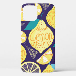 Bright pattern of lemons and cloves on a dark blue iPhone 12 case