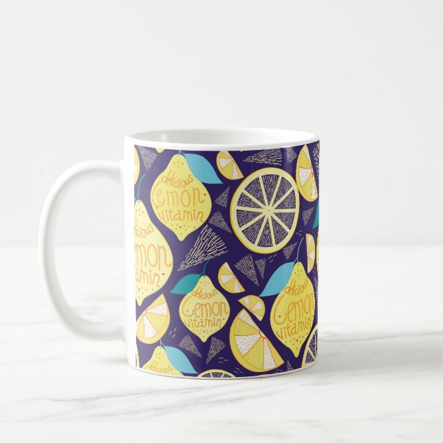 Bright pattern of lemons and cloves on a dark blue coffee mug (Left)