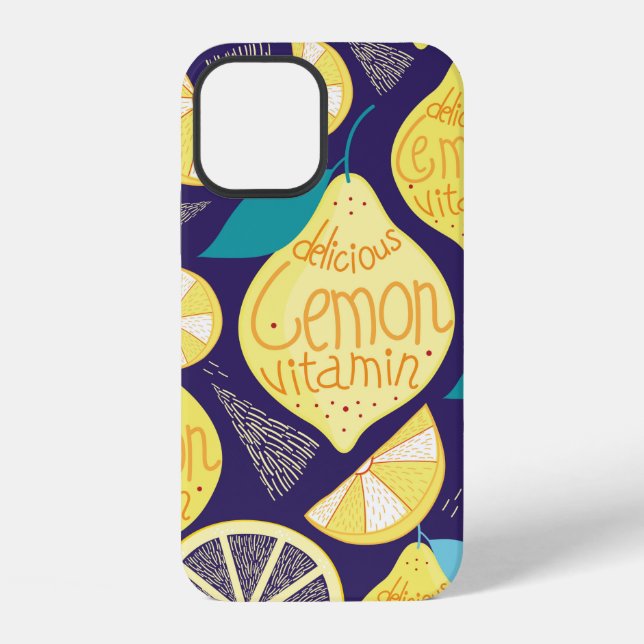 Bright pattern of lemons and cloves on a dark blue iPhone case (Back)