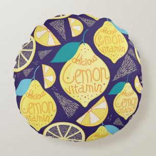 Bright pattern of lemons and cloves on a dark blue round cushion
