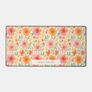 Bright Pattern Pink Orange Watercolor Floral  Desk Mat