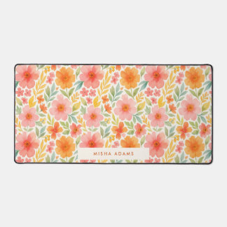 Bright Pattern Pink Orange Watercolor Floral  Desk Mat