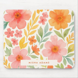 Bright Pattern Pink Orange Watercolor Floral  Mouse Mat