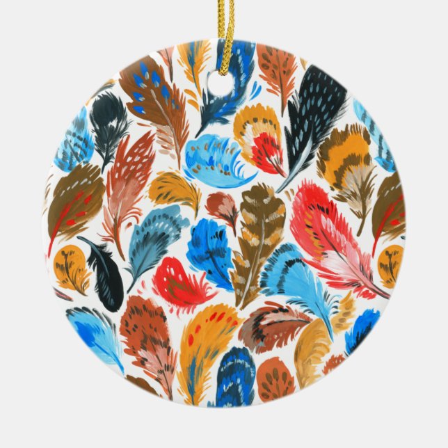 Bright pattern with bird feathers ceramic tree decoration (Front)