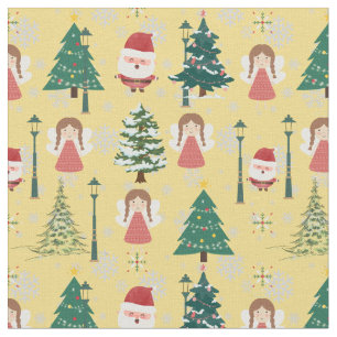 Bright pattern Xmas trees and santa red yellow  Fabric