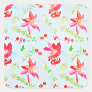 Bright Peach Pink Watercolor Flowers Square Sticker
