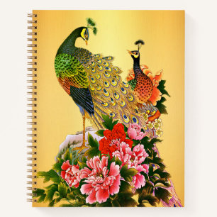 Bright peacocks on gold notebook