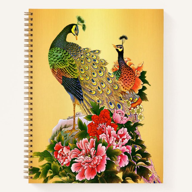 Bright peacocks on gold notebook (Front)