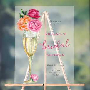 Bright Peony Champagne Glass Bridal Shower Frosted Acrylic Sign