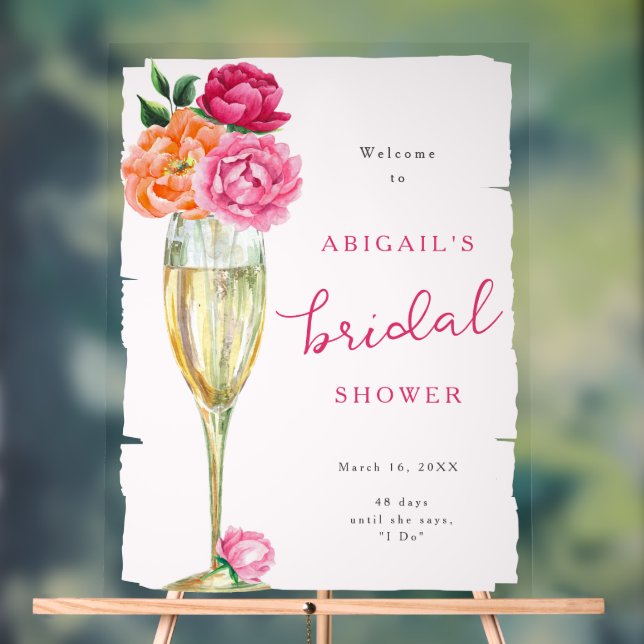 Bright Peony Champagne Glass Bridal Shower Painted Acrylic Sign (Neutral)