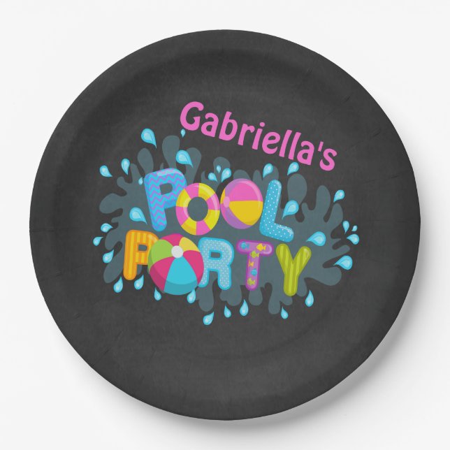 Bright  Personalised Pool Party Paper Plates (Front)