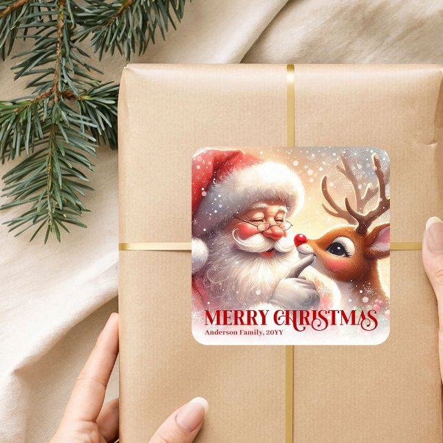 Bright Personalized Santa Rudolph Christmas Gift  Square Sticker (Bright Personalized Santa Rudolph Christmas Gift Sticker)