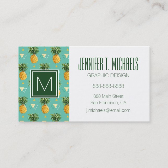 Bright Pineapples On Geometric Pattern Business Card (Front)