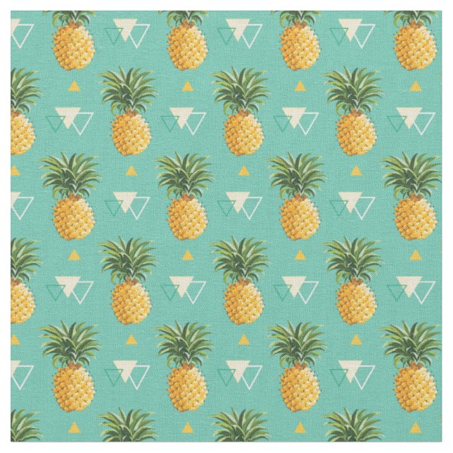 Bright Pineapples On Geometric Pattern Fabric (Close Up)