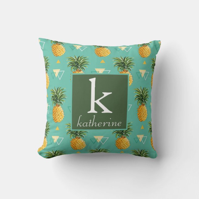 Bright Pineapples On Geometric Pattern | Monogram Cushion (Front)