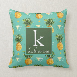 Bright Pineapples On Geometric Pattern   Monogram Cushion
