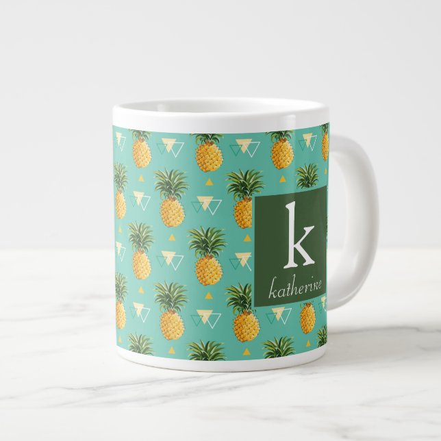 Bright Pineapples On Geometric Pattern | Monogram Large Coffee Mug (Front Right)