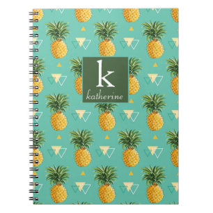 Bright Pineapples On Geometric Pattern Monogram Notebook