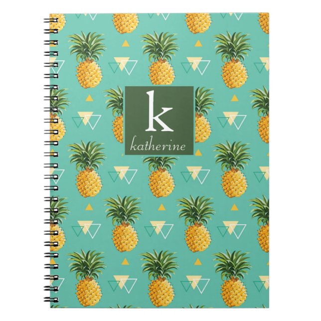 Bright Pineapples On Geometric Pattern | Monogram Notebook (Front)