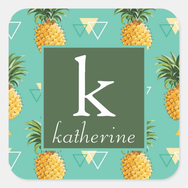 Bright Pineapples On Geometric Pattern | Monogram Square Sticker (Front)