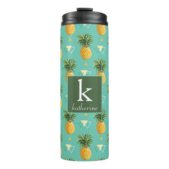Bright Pineapples On Geometric Pattern | Monogram Thermal Tumbler (Front)