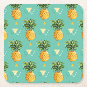 Bright Pineapples On Geometric Pattern Square Paper Coaster
