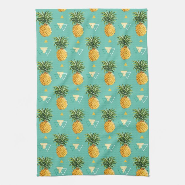Bright Pineapples On Geometric Pattern Tea Towel (Vertical)