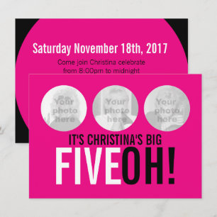 Bright pink 50th FIVEOH! photo birthday invite