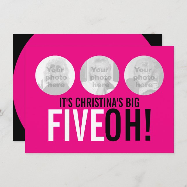 Bright pink 50th FIVEOH! photo birthday invite (Front/Back)