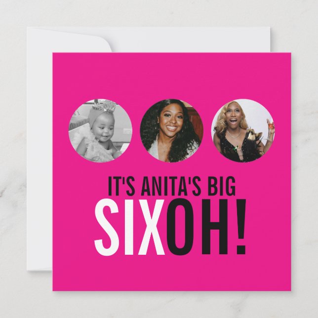 Bright pink 60th SIXOH! photo birthday invite (Front)