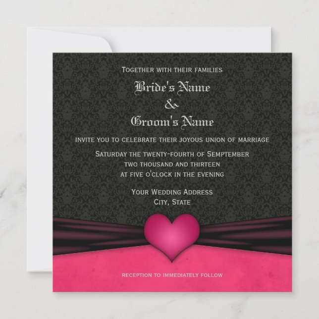 Bright Pink and Black Damask Wedding Invitations (Front)