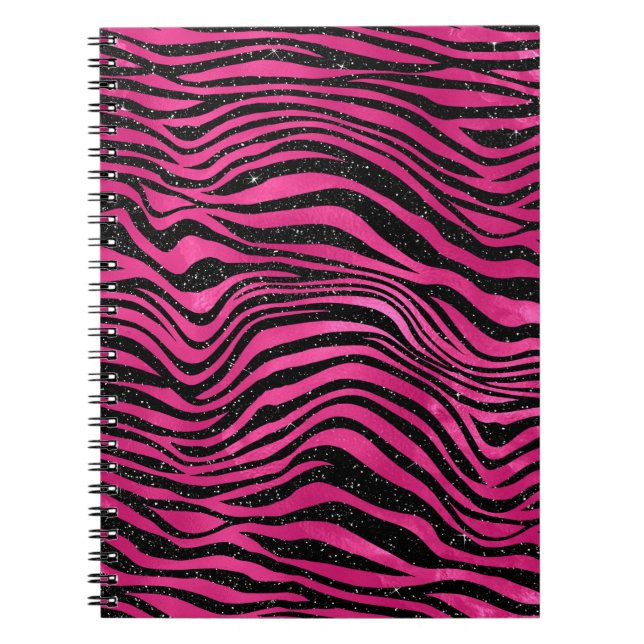 Bright Pink and Black Glam Animal Print Stripes Notebook (Front)