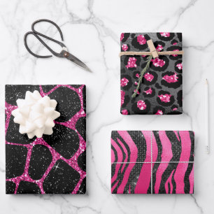 Bright Pink and Black Glam Animal Prints Wrapping Paper Sheet